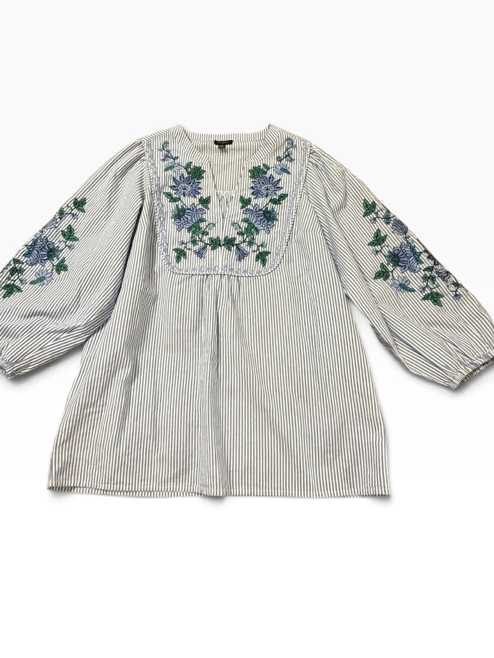 TALBOTS Floral Stripe Popover Top Women’s Size XS Blue/White Embroidered